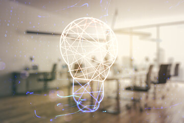 Poster - Double exposure of creative light bulb hologram on modern corporate office background, research and development concept