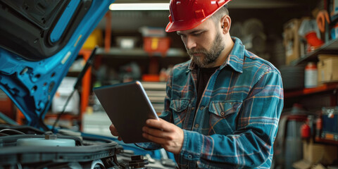 Wall Mural - An auto mechanic with a tablet at a repair shop with open hood