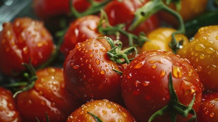 Poster - Close up view of tomatoes with water droplets, perfect for food and agriculture concepts