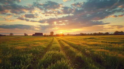 Poster - Beautiful sunset over a peaceful grass field, perfect for nature backgrounds or relaxation concepts