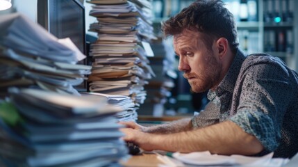 Poster - A man sitting at a desk with a pile of papers. Suitable for office and business concepts