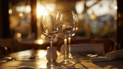 Poster - Two empty wine glasses on a table, ideal for restaurant or celebration concepts