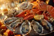 Fresh oysters and lobsters on a serving platter, perfect for seafood lovers