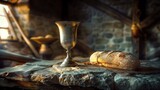 Fototapeta Na sufit - An artistic representation of a chalice and a loaf of bread on an old, rugged table, set against the backdrop of a dimly lit room.