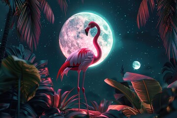 Aufkleber - A flamingo standing in a jungle with a full moon in the background. Suitable for nature and wildlife concepts