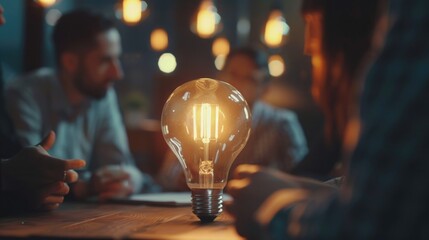 Poster - A light bulb placed on a wooden table. Suitable for various concepts and designs