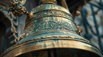 Aufkleber - Close-up of a bell with a building in the background. Suitable for various architectural concepts