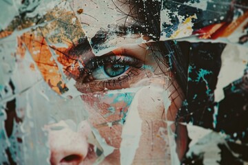 Aufkleber - Close up of a person's face with torn glass, suitable for illustrating themes of vulnerability and danger