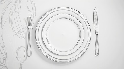 Poster - Simple drawing of a plate with a fork and knife. Suitable for culinary and restaurant concepts