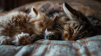 Aufkleber - A cat peacefully sleeping on top of a bed. Suitable for pet and relaxation themed projects