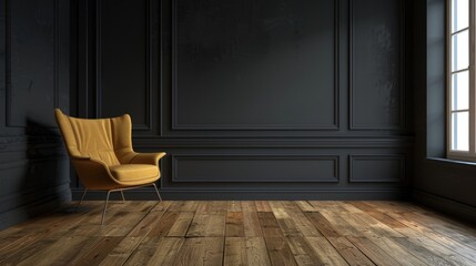 Poster - A yellow chair placed next to a window. Ideal for interior design concepts