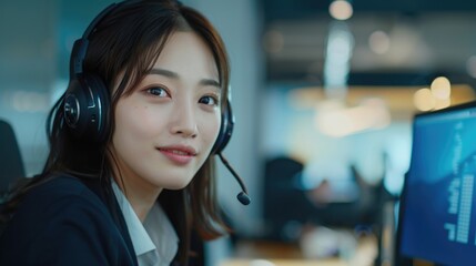 Aufkleber - A woman wearing a headset sitting in front of a computer. Suitable for business or technology concepts