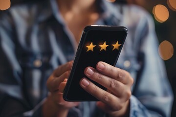 Aufkleber - Person holding a cell phone with five stars on screen, suitable for technology and review concepts