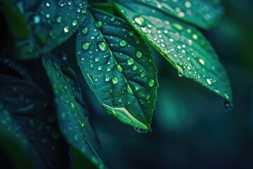 Poster - A detailed view of a leaf covered in water droplets. Suitable for nature-themed designs