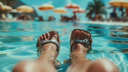 Poster - Person's feet in a pool with umbrellas in the background. Perfect for summer vacation concepts