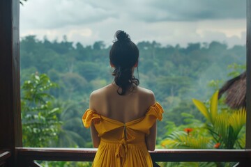Poster - A woman in a yellow dress looking out a window. Suitable for lifestyle and fashion themes
