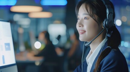 Aufkleber - A woman sitting in front of a computer with a headset on. Suitable for technology and customer service concepts