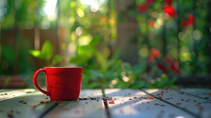Poster - A simple red coffee cup on a wooden table. Perfect for coffee shop menus