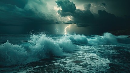 Poster - A dramatic image of a stormy ocean with lightning in the sky. Suitable for weather-related projects