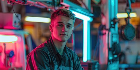 Wall Mural - A young mechanic in an auto workshop, neon lighting