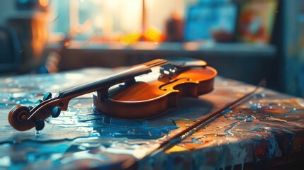 Poster - A violin sitting on top of a table, suitable for music-related designs