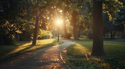Poster - Sunlight filtering through trees in a park, ideal for nature and outdoor themes