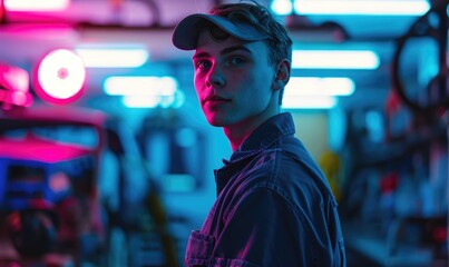 Wall Mural - A young mechanic in an auto workshop, neon lighting