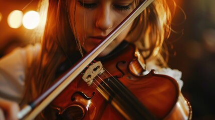 Poster - A young girl playing the violin in a dimly lit room. Suitable for music or talent-themed designs