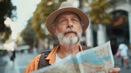 Poster - A man in a hat studying a map, useful for travel concepts
