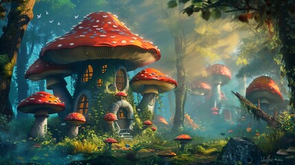 a painting of a mushroom house in the woods