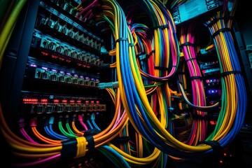 Poster - Server colorful cables. Tech rack. Generate ai