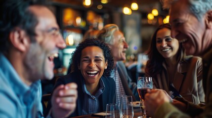 Wall Mural - a group of people sitting at a table laughing and drinking together