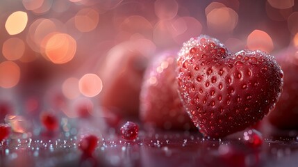 Wall Mural - a close up of a heart shaped strawberry on a table with a blurry background