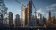a large crane is standing in front of a city skyline with tall buildings under construction