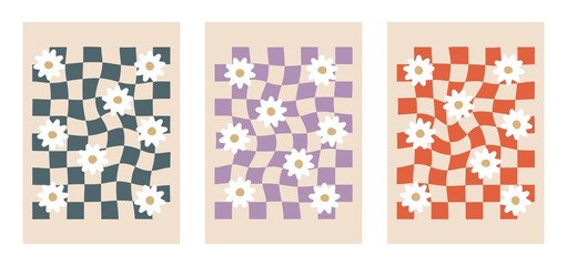 Flat illustration. Set of Y2k backgrounds. Cool simple geometric posters with flowers. Set of checkerboard backgrounds in pastel colors. Suitable as a palette for printing patterns or textiles...