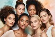 Portrait, diverse group of women radiating natural beauty, glowing smooth skin, arranged in a semi-circle, behind them a backdrop of a serene pastel watercolor gradient