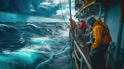 A rugged fishing boat cuts through turbulent ocean waves under a dramatic overcast sky, showcasing the resilience of maritime workers. AIG41