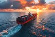 Aerial view of cargo ship with container in the sea at sunset