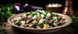 A plate of Aubergine and Feta Salad is neatly arranged on a wooden table in a rustic style setting. The dish features grilled aubergine slices topped with crumbled feta cheese and fresh herbs.