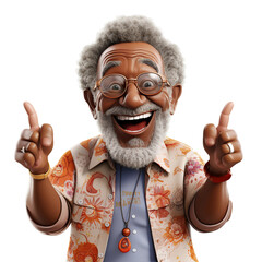 Cute afro senior man pointing to, 3D render style, isolated on white background cutout.