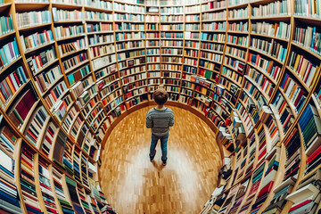 Wall Mural - Jeune garçon dans une bibliothèque circulaire