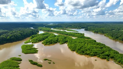 Big river water with green islands at Roanoke and Stauton River convergence in Virginia camping destination for families and fishermen on summer vacation