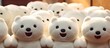 A collection of white teddy bears are arranged in a row, sitting closely next to each other. These plush toys are cartoon character figures resembling polar bears, popular among children.