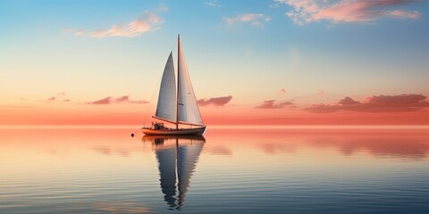 Wall Mural - A traditional sailboat gently rests on the glass-like surface of a calm lake during a muted sunset