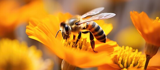 Canvas Print - A bee is perched on a yellow flower, surrounded by other flowers in the background. The bee is actively collecting nectar from the flower.