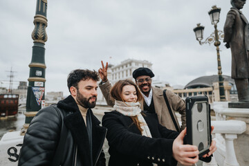 Poster - Stylish young entrepreneurs capturing a joyful moment with a cityscape background. They're embodying teamwork and modern urban lifestyle.