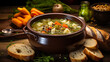 Cozy winter evening with a steaming bowl of hearty soup