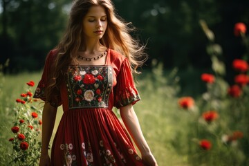 Slavic girl in sundress in rural meadow. Traditional dressed woman in wild nature field. Generate ai