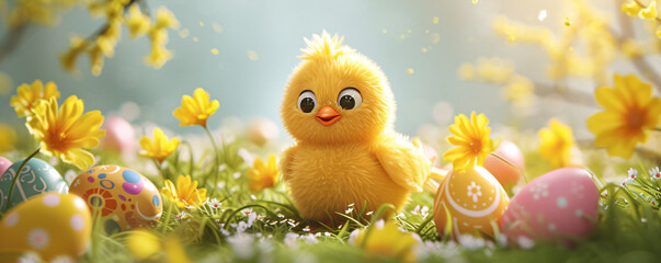 Wall Mural - Little chicken on spring meadow with colorful easter eggs. Yellow bird on spring sunny field. Easter concept. Banner or card with cute chick 