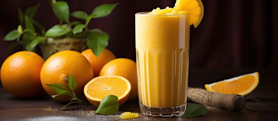 Canvas Print - A glass filled with orange juice sits next to a bunch of fresh oranges. The vibrant, juicy fruits are ready to be enjoyed in a refreshing beverage.